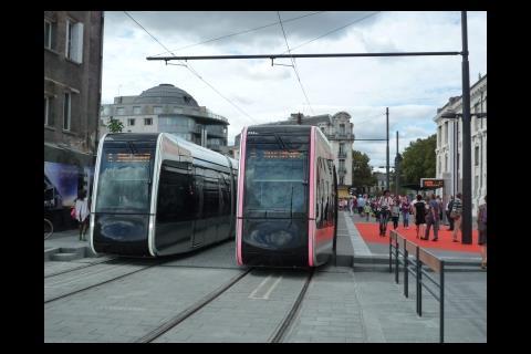 Tours Line A trams change from overhead to third rail power supply outside the SNCF station.